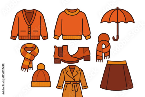 Cozy autumn and winter fashion collection featuring sweaters, coats, boots, scarves, and an umbrella