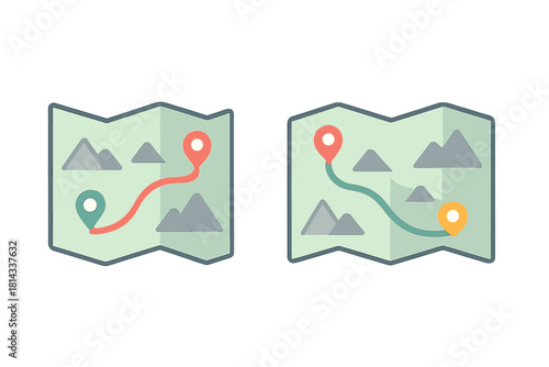 Stylized navigation maps with travel routes and colorful location pins on mountain terrain