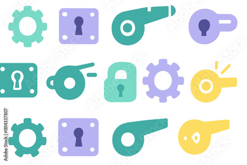 Seamless repeating pattern of security, mechanical settings, and alert icons featuring keyholes, gears, and whistles