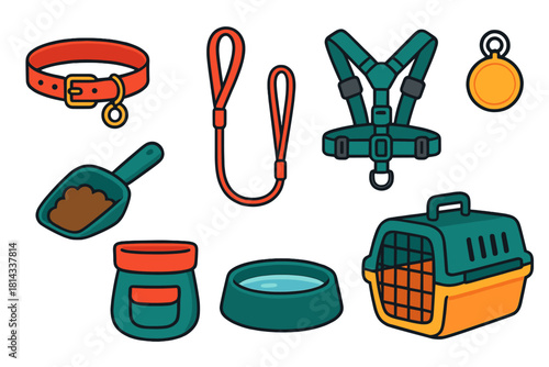 Collection of essential dog supplies including collar leash harness food bowl and travel carrier
