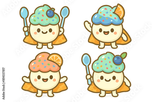 Adorable dessert mascots with colorful frosting, fruit toppings, and superhero capes