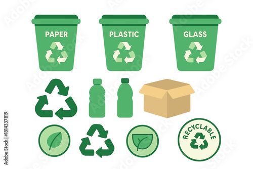 Set of green recycling bins for sorting paper plastic and glass waste with environmental symbols