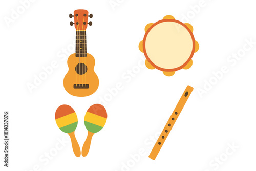 Flat design set of musical instruments including ukulele, tambourine, maracas, and recorder