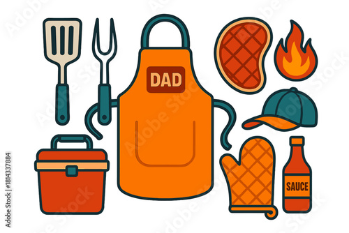 Barbecue essentials set including grilling tools, apron, steak, cooler, and sauce bottle