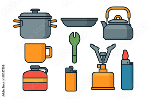 Collection of essential camping cooking equipment including pot kettle stove and lighters