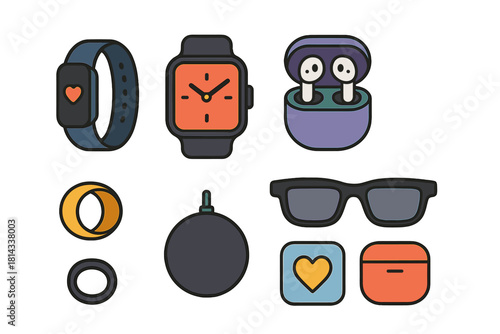 Modern wearable technology devices, smartwatches, earbuds, and personal accessories
