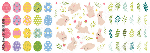 Cute Easter bunny, pattern eggs, green branches. Spring collection. Sticker design. Set of Easter themed images including Easter eggs, pretty rabbits, summer flowers. Happy Easter. Greeting card, post