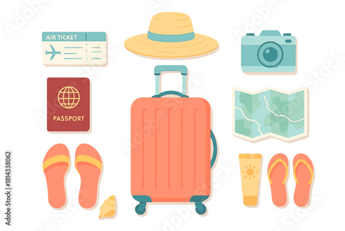 Flat lay of essential travel accessories for summer vacation including suitcase, passport, ticket, and beach gear