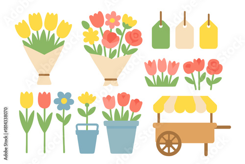 Spring flowers collection featuring bouquets, potted tulips, roses, and a wooden market stand with price tags
