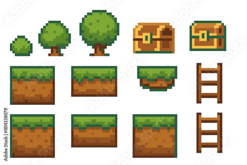 Pixel art game elements featuring natural environment objects and interactive items