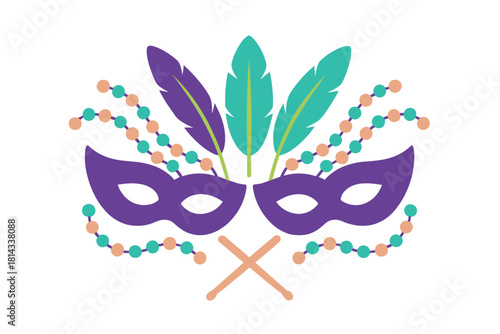 Traditional Mardi Gras carnival masks with colorful feathers and festive beaded necklaces