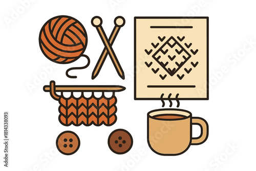 Cozy arrangement of knitting essentials including yarn, needles, buttons, and a hot beverage
