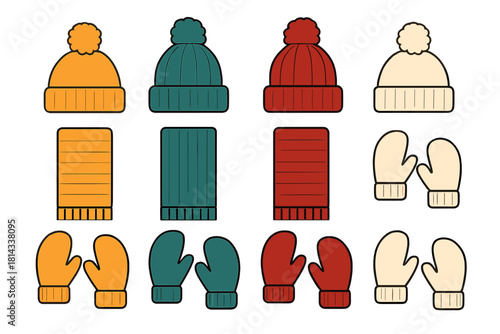 Collection of colorful winter accessories including knitted hats with pom-poms, warm scarves, and pairs of mittens