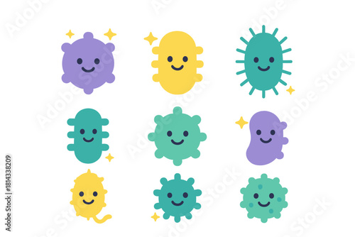 Cute smiling cartoon germs and bacteria set for hygiene and health concepts