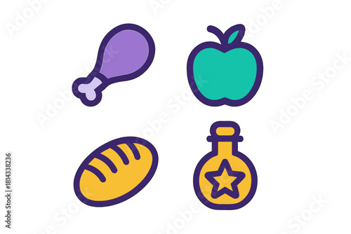 Colorful icons of food items including chicken, apple, and bread, alongside a fantasy magic potion