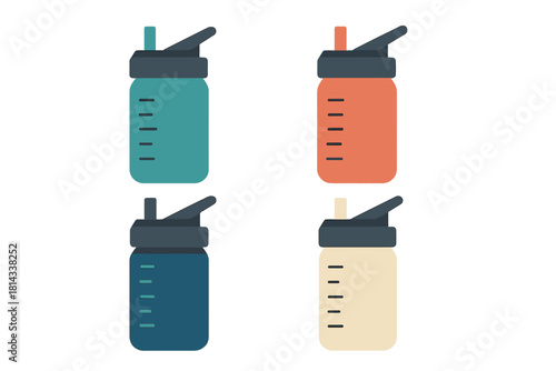 Four colorful reusable sports water bottles with measurement markings and flip-top lids