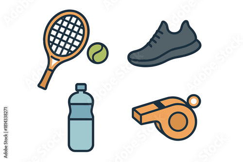 Tennis racket, ball, sneaker, water bottle, and referee whistle sports equipment set