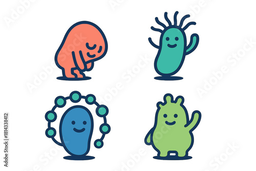 Set of four cute cartoon microbe characters with happy faces and diverse shapes