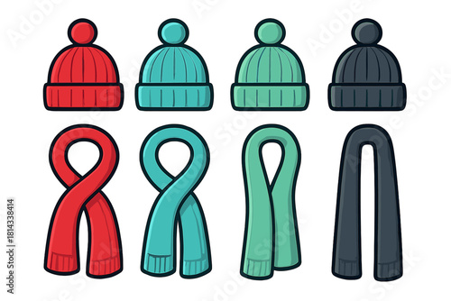 Colorful knitted winter hats and scarves set for cold weather accessories