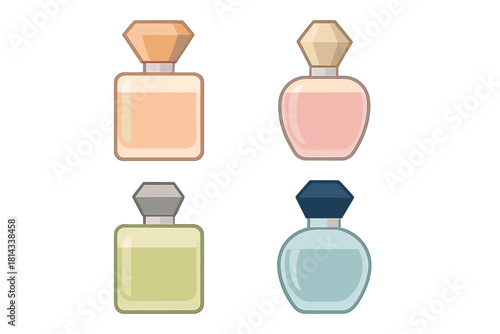 Collection of four stylish perfume bottles featuring colorful liquids and diamond caps