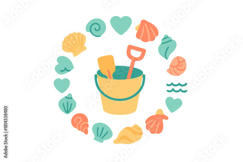 Colorful circular frame of seashells and hearts surrounding a sand bucket and shovels for summer vacation