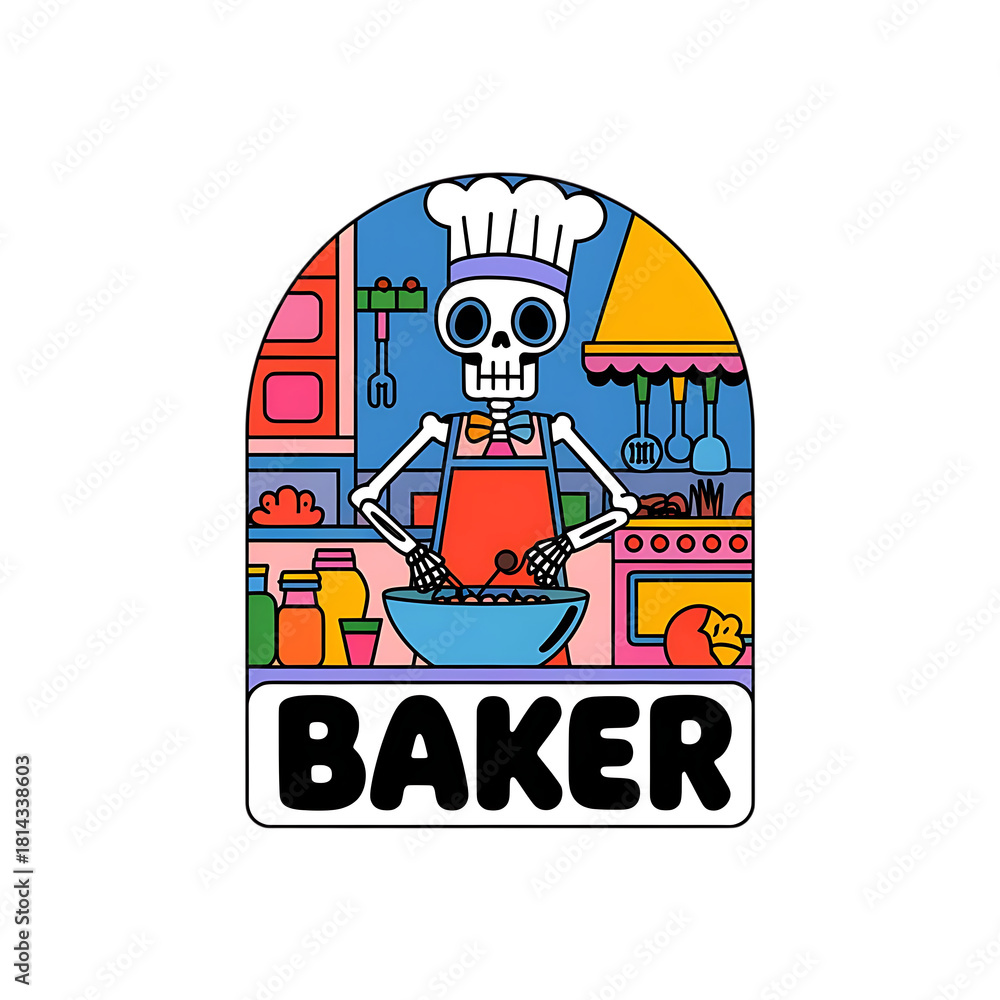 Naklejka premium Spooky skeleton baker in a colorful kitchen makes a delicious treat