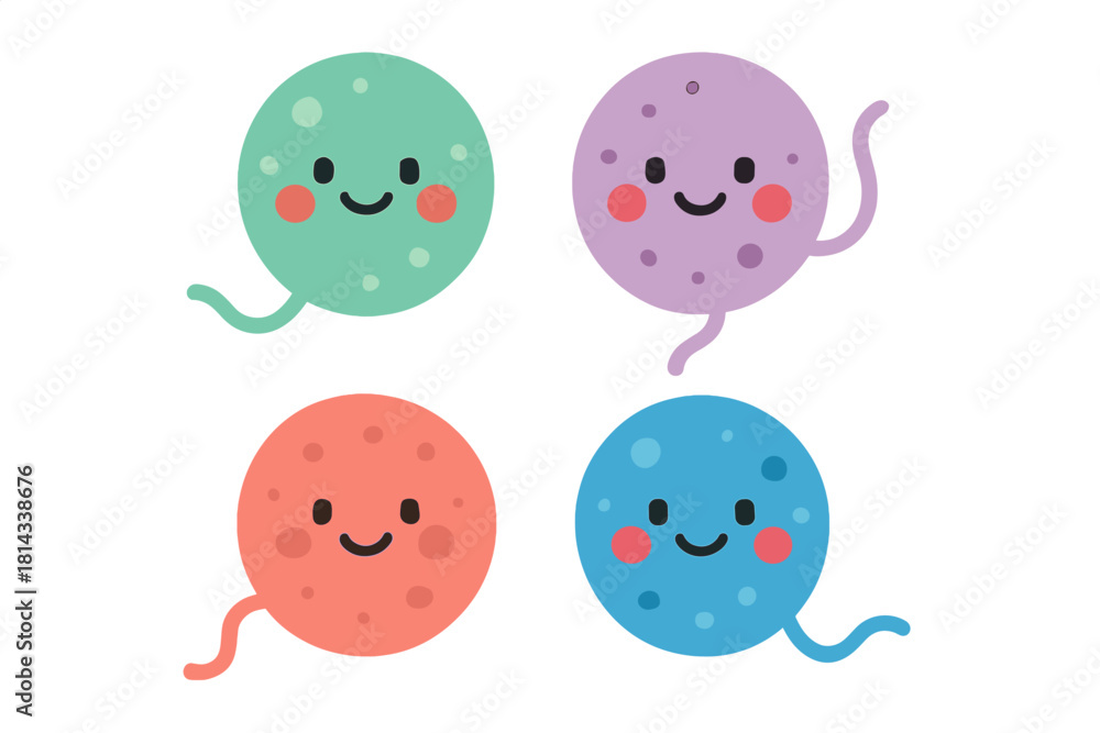 Fototapeta premium Four cute smiling cartoon microbe characters in bright colors with spots and tails