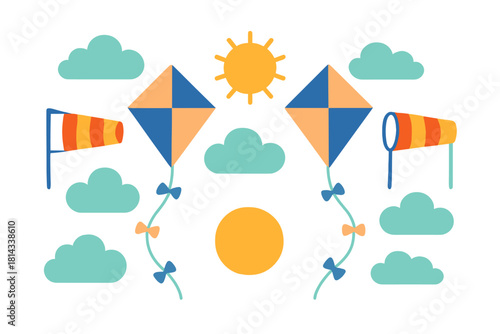 Colorful kites and windsocks flying high among clouds and bright sun in the sky