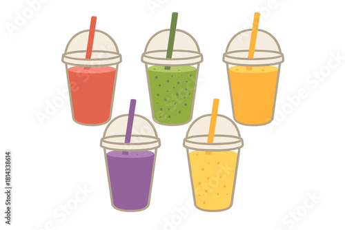 Five colorful fruit smoothies in disposable plastic cups with dome lids and straws