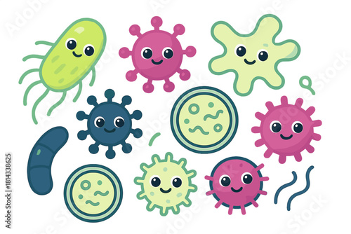 Adorable smiling cartoon germs bacteria and viruses microorganisms collection