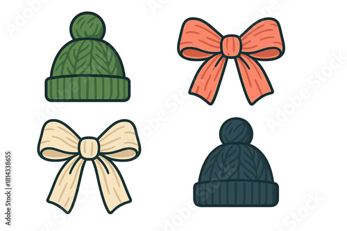 Warm knitted winter hats with pom-poms and festive decorative bows accessories set