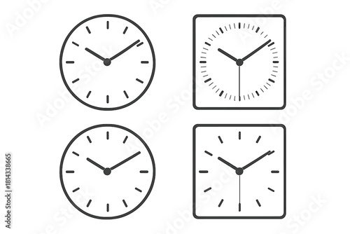 Minimalist set of four analog clock faces with hour and minute hands indicating time and schedule