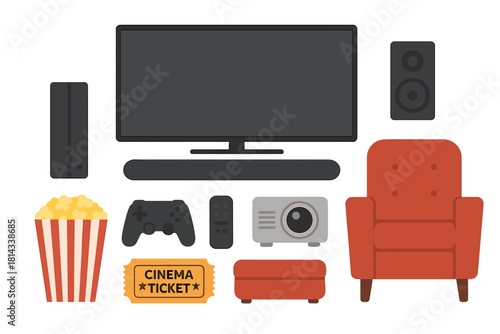 Home cinema equipment, gaming accessories, and comfortable living room furniture set