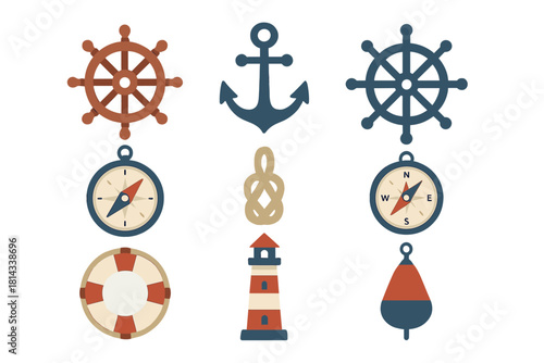 Essential marine navigation and sailing equipment including anchor compass and lighthouse