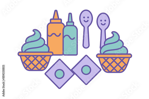 Colorful set of soft serve ice cream, topping bottles, spoons, and waffle bowls