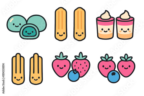 Kawaii style collection of sweet treats and fresh berries with happy smiling faces