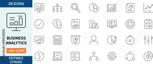 Business analytics line icon set featuring charts, graphs, data reports, dashboards, statistics, finance symbols and editable stroke elements for modern web and mobile UI design.