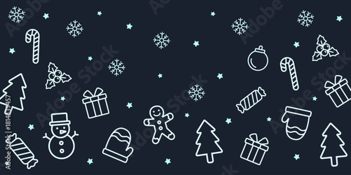 Whimsical Christmas background with outlined snowman, gifts, trees, gingerbread man, and many festive icons on dark blue background. Great for fun Christmas cards, posters, or classroom materials.