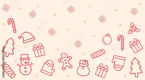 Cheerful outlined pattern with snowman, gifts, trees, gingerbread man, snowflakes, and other cute ornaments on soft yellow background. Great for cute holiday prints, stickers, and greeting designs.