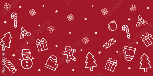 Cozy outlined Christmas background with snowman, gifts, trees, and other cute ornaments on deep maroon background. Perfect for warm seasonal invitations, packaging, and digital assets.