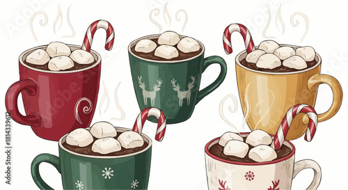 Assortment of festive mugs filled with hot chocolate marshmallows and candy canes on white backdrop