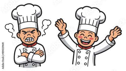 Cartoon chef expressions one angry and one happy vector illustration for culinary concepts and restaurant themes