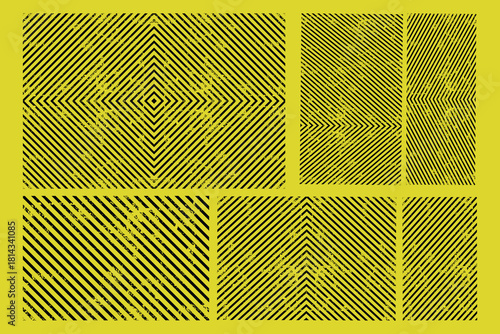 Linocut stamp texture collection. Grunge urban backgrounds set. Rough black ink roller textures. Hand drawn black paint stamp on bright blue bg. Street art distress overlay. Lino ink grungy remains.