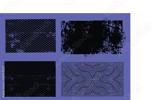 Linocut stamp texture collection. Grunge urban backgrounds set. Rough black ink roller textures. Hand drawn black paint stamp on bright blue bg. Street art distress overlay. Lino ink grungy remains.