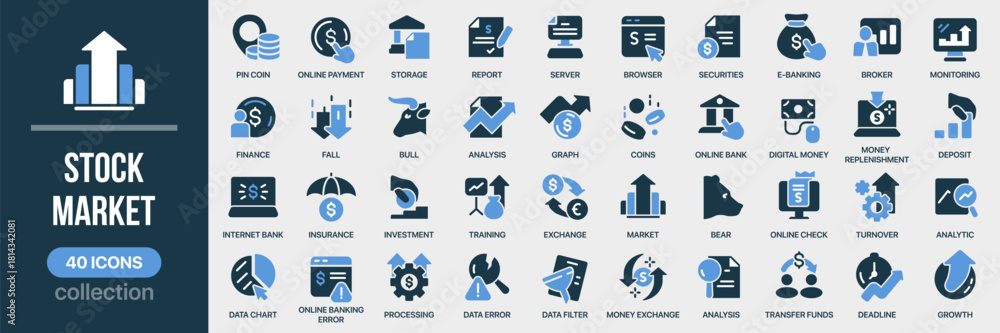 Fototapeta premium Stock market fill icon collection. Includes trade, chart, statistics, growth, risk, analysis, and exchange icons. Created in colored style with blue palette