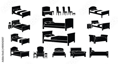 Black silhouette icons depicting various bed and furniture arrangements