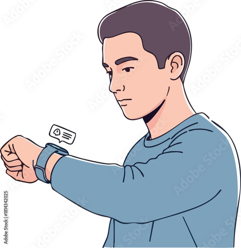 Young man checking notifications on his smartwatch with focused expression.