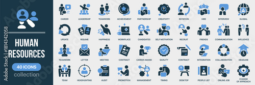 Human resources fill icon collection. Set of teamwork, recruitment, leadership, communication, motivation, and cooperation icons. Created in colored style with blue palette