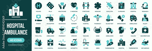 Hospital and ambulance fill icon collection. Set of emergency, healthcare, treatment, medical tools, and transport icons. Created in colored style with turquoise palette