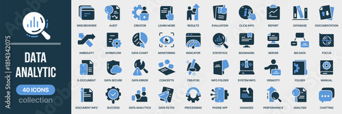 Data analytic fill icon collection. Set of statistics, charts, performance, database, and monitoring icons. Created in colored style with blue palette